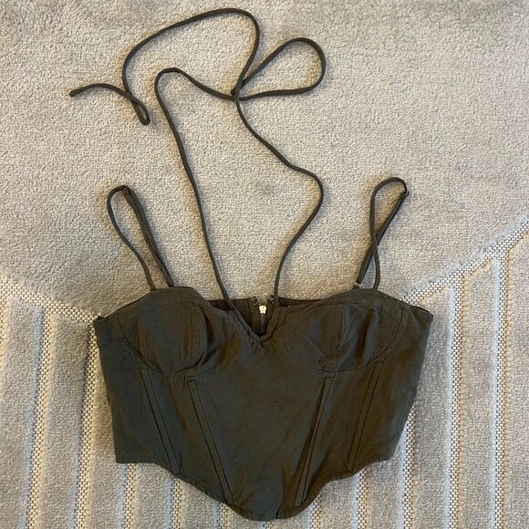 Olive Green Linen Halter Cami Strap Corset, in size M - Picture 2 of 5